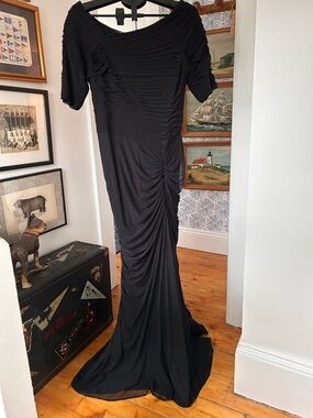 Tadashi Shoji Black Mesh Asymmetrical Sleeve Ruched Floor-Length Dress